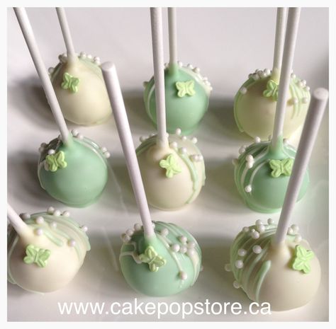 Green Cake Pops Ideas, Bridal Shower Cake Pops, Mint Green Cakes, Starbucks Cake Pops, Mint Baby Shower, White Cake Pops, Starbucks Cake, Cake Pop Designs, Lavender Cake