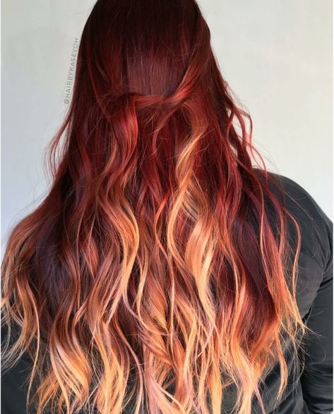 Sunset Ombre Hair, Sunset Orange Hair, Fire Ombre Hair, Aveda Hair Color, Bday Hair, Pretty Red Hair, Peach Hair Colors, Sunset Ombre, Fiery Sunset