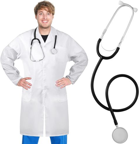 Enhance role-playing with a cozy Machine Wash Role Playing Suit. This reliable and versatile white lab coat, made of a cotton-polyester blend, is perfect for Halloween cosplay. Complete your look with a fully functional stethoscope. Stand out in themed parties or use for lab coats. Comfortable and durable, with adjustable ear tubes and wide-cut design. Ideal for accurate readings and evaluations. Plus, convenient side pockets for storage. Scientist Coat, Surgeon Costume, Scientist Costume, Ear Tubes, White Lab Coat, Coat Set, Men Halloween, Doctor Costume, Adult Halloween Party