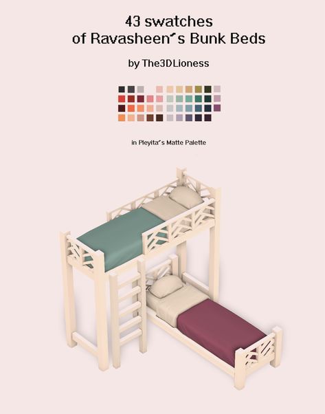 hellloooooo this is amazing!!!! get more colors of my bunk bed from evethelioness. i loveeee the colors she chose as well!!  recolor artists do the lords work!! i am limited to 8 swatches on TSR so i... Sims 4 Cc Working Furniture, Ts4 Bunk Bed Cc, Ts4 Bunk Bed, Sims 4 Luxury Bedroom, Sims 4 Bunk Bed, Sims 4 Bed Cc Maxis Match, Sims 4 Mattress Cc, Sims 4 Bunk Bed Cc, Sims 4 Home Decor