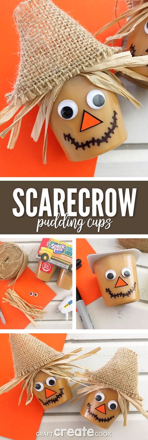 These Scarecrow Pudding Cups are the perfect crafty snack for a sweet Fall treat and your kids will love them. via @CraftCreatCook1 Scarecrow Craft, Thanksgiving Snacks, Thanksgiving School, Classroom Treats, Preschool Snacks, Pudding Cups, Kids Treat, School Treats, Cup Crafts