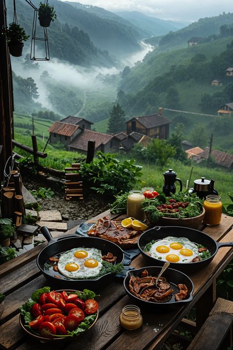 Rustic Dining with a View Food On Vacation, Cosy Breakfast, Farm Lifestyle, Cute Diy Room Decor, Outdoor Eating, Fire Cooking, Christmas Food Dinner, Still Life Photos, Breakfast Of Champions