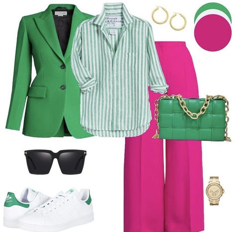 Pink And Green Sweater Outfit, Neon Work Outfit, Pink And Green Business Casual, Chartreuse Blazer Outfit, Pink And Green Summer Outfits, Blazer Fiusha Outfit, Green And Red Outfits For Women, Bright Color Fall Outfits, Light Pink Pants Outfit Work