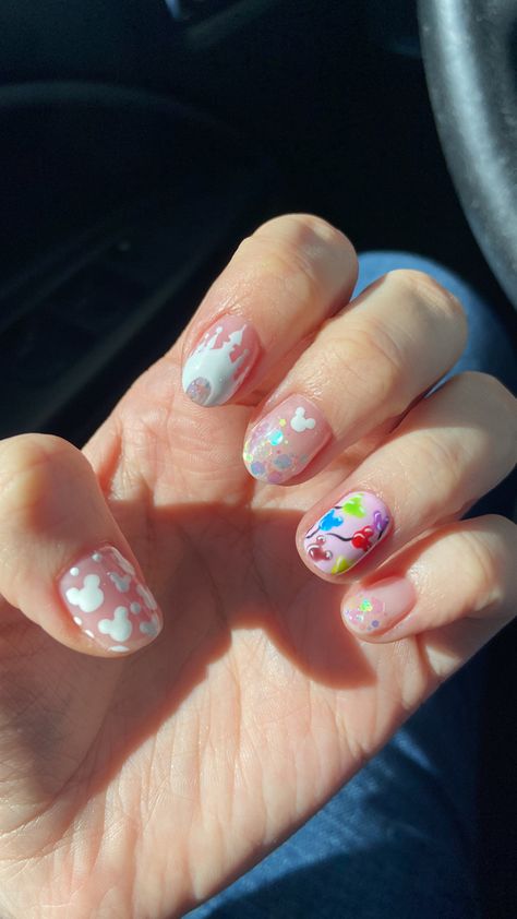 My nails for my Disney trip. Disney Mickey Balloon Nails, Birthday Nails Disney, Disney Nails Bright, Sparkle Disney Nails, Disney Pastel Nails, Sparkly Disney Nails, Mickey Balloon Nails, Magic Kingdom Nails, Disney Birthday Nails