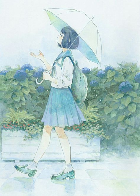 In The Rain, The Rain, Watercolor Painting, A Girl, Umbrella, Walking, Flowers, Blue, Watercolour Painting