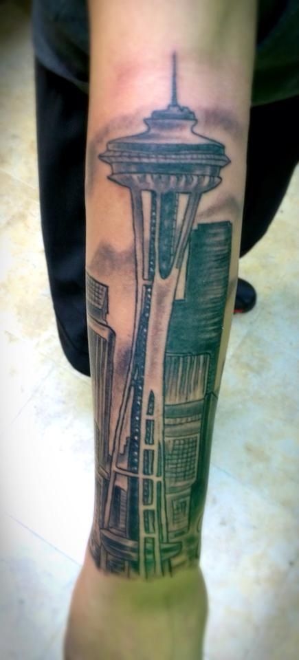 Seattle Space Needle tattoo Space Needle Tattoo, Seattle Skyline Tattoo, Washington Tattoo, Tricep Tattoos, Skyline Tattoo, Seattle Tattoo, Seattle Space Needle, Needle Tattoo, Trending Tattoo