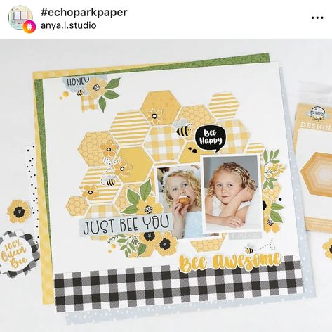 Bee Scrapbook Ideas, Hexagon Scrapbook, Echo Park Bee Happy Layouts, Echo Park My Favorite Summer Layouts, Bee Scrapbook Layout, Bumble Bee Scrapbook Layouts, Echo Park Layouts, Bee Scrapbook, Fun In The Sun Scrapbook Layouts