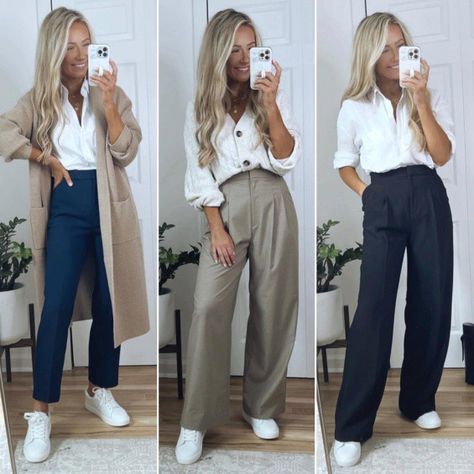 Work Outfits With Sneakers, Spring Business Casual Outfits, Business Casual Outfits Winter, Sneakers Outfit Work, Smart Casual Women Outfits, Outfits With Sneakers, Smart Casual Women, Essential Shirt, Casual Work Outfits Women