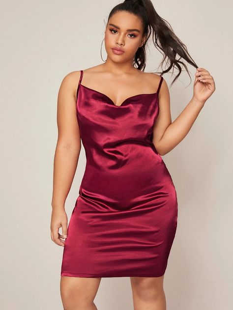 Plus Draped Neck Satin Slip Dress | SHEIN USA Plus Size Birthday Outfit Ideas, Plus Size Birthday Outfit, Plus Size Gowns Formal, Plain Spaghetti, Satin Cami Dress, Cami Mini Dress, Sheer Mesh Dress, Valentines Day Dresses, Mini Cami Dress