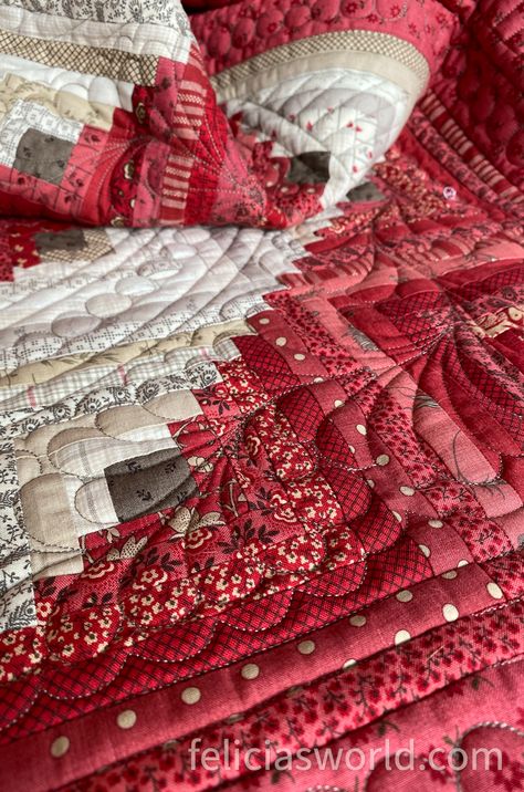 Floral Log Cabin Quilts, Red And White Log Cabin Quilt, Quilted Log Cabin Quilts, Long Arm Quilting Designs For Log Cabin, Log Cabin Christmas Quilts, Patchwork Quilt Blocks, Red And White Christmas Quilts, Free Log Cabin Quilt Patterns, Curvy Log Cabin Quilts