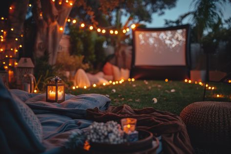 A Backyard Cinema at Night Mommy Daughter Dates, Movie Night Decorations, Silent Book, Twinkle String Lights, Movie Snacks, Backyard Movie, Summer Movie, Backyard Camping, Summer Escape