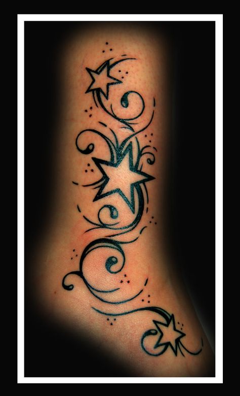 stars and swirls Star Sleeve Tattoo, Star Foot Tattoos, Stars And Swirls, Star Swirl, Shooting Star Tattoo, Swirl Tattoo, Star Tattoo Designs, Foot Tattoos For Women, Tattoos For Women Flowers