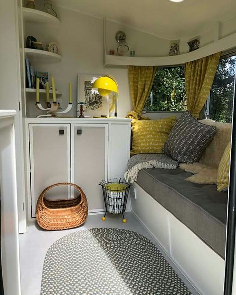 chic camper van renovation in white and gray with yellow accents Interior Tiny House, Travel Trailer Storage, Vintage Caravan Interiors, Caravan Living, Caravan Decor, Caravan Makeover, Trailer Storage, Rv Travel Trailers, Small Rv