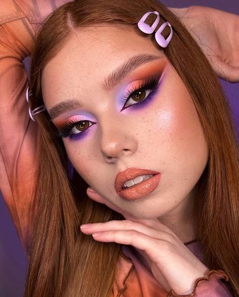 Iryna Soroka on Instagram: "In love with these colors💜🧡 Matte foxy eyes look created on the course with talented @torlop.magdalena_makeup ✨Our inspiration was @pamela.rytt 💖 #makeupartist #makeupideas #makeuplover #foxyeyes #orangemakeup #redheadmakeup #mattemakeup #colormakeup #instaphotography" Creative Eye Makeup Simple, 2023 Eyeshadow, Unique Makeup Looks, Maroon Makeup, Daring Makeup, Foxy Eyes, Makeup Ojos, Maquillage On Fleek, Vibrant Makeup