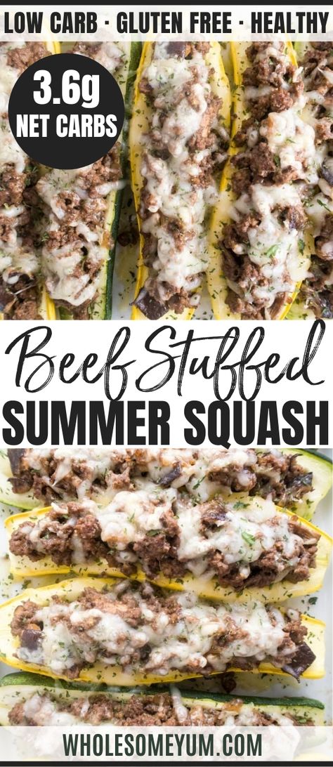 Stuffed Summer Squash, Squash Boats, Summer Squash Recipes, Yellow Squash Recipes, Squash Zucchini, Ground Beef Dishes, Boiled Egg Diet Plan, Shiitake Mushrooms, Ground Beef Recipes For Dinner