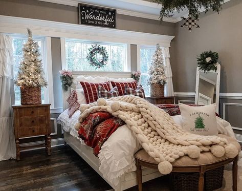 photo a Farmhouse Home’s Instagram photo: “We just want to cuddle up in this cozy farmhouse bedr Cozy Farmhouse Bedroom, Holiday Room Decor, Bedroom Christmas, Holiday Room, Christmas Bedding, Christmas Decorations Bedroom, Farmhouse Bedding, Christmas Room Decor, Christmas Bedroom