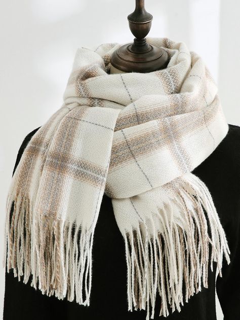 Multicolor Casual Collar  Fabric Plaid Scarf Embellished   Women Accessories Cashmere Scarf Women, Trim Scarf, Checked Scarf, Patterned Scarves, Poncho Cape, Pashmina Scarf, Blanket Scarf, Long Scarf, Cashmere Scarf