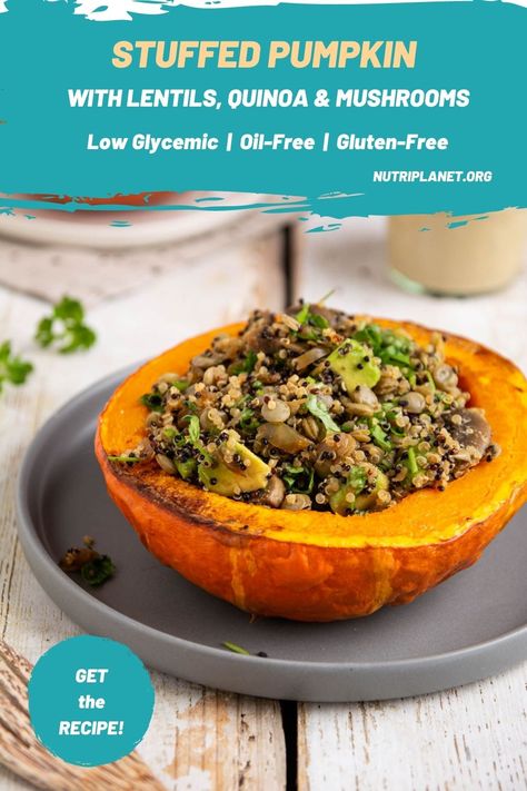 Learn how to make delicious and hearty festive vegan stuffed pumpkin with lentils, quinoa, and mushrooms. Moreover, my creamy and herby cashew-miso dressing will make this dish extra luscious Daily Dozen Recipes, Stuffed Mini Pumpkins, Vegan Squash, Stuffed Veggies, Gluten Free Pumpkin Recipes, Vegan Thanksgiving Dinner, Stuffed Pumpkin, Daily Dozen, Candida Diet Recipes