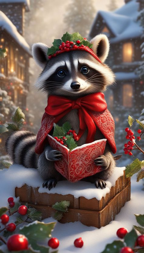 Raccoon Phone Wallpaper, Raccoon Pictures, Dog Christmas Photos, Christmas Wallpaper Hd, Raccoon Art, Art Deco Artwork, Merry Christmas Gif, Animals Christmas, Merry Christmas Pictures