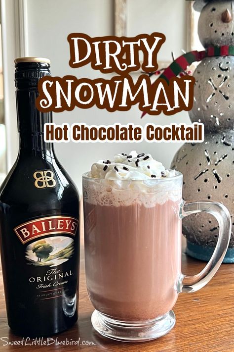 Easy Dirty Snowman Cocktail – An indulgent adult drink made with hot chocolate, Baileys Irish Crème, vanilla or chocolate ice cream, topped with whipped cream and sprinkles. The ultimate holiday and winter dessert cocktail! Dirty Snowman Drink Baileys, Winter Liquor Drinks, Fun Winter Alcoholic Drinks, Bailey’s Cocktails, Hot Chocolate With Alcohol, Hot Chocolate With Ice Cream, Winter Alcoholic Drinks, Baileys Recipes Desserts, Drinks With Baileys