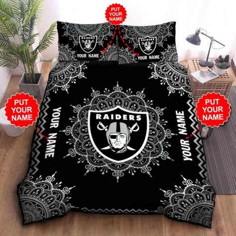 Las Vegas Raiders Bedding set, Custom name bedding set, Las Vegas Raiders fans bedding, Las Vegas Raiders Football set, NFL fans gift NGPRODUCT DETAILS:* Soft, skin-friendly, breathable, comfortable bedding set* Environmentally friendly dye in the process of printing* Not fade after repeated washing.* Ties at the four corner to hold the comforter and adopt zipper closure. Lgbtq Bedroom, Las Vegas Raiders Logo, Raiders Logo, 3d Bedding Sets, 3d Bedding, Las Vegas Raiders, Print 3d, Mandala Pattern, Quilt Sets Bedding