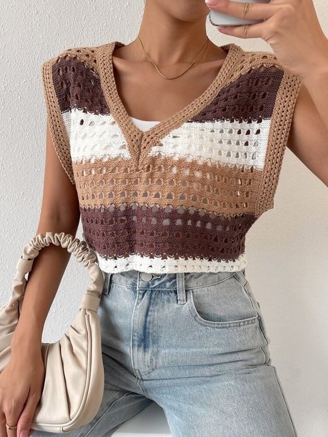 Sweater Vests, Knit Sweater Vest, Pointelle Knit, Sweater Vest Women, Women Sweater, Knitted Tank Top, Knit Tanks, Crochet Fashion, Crochet Sweater