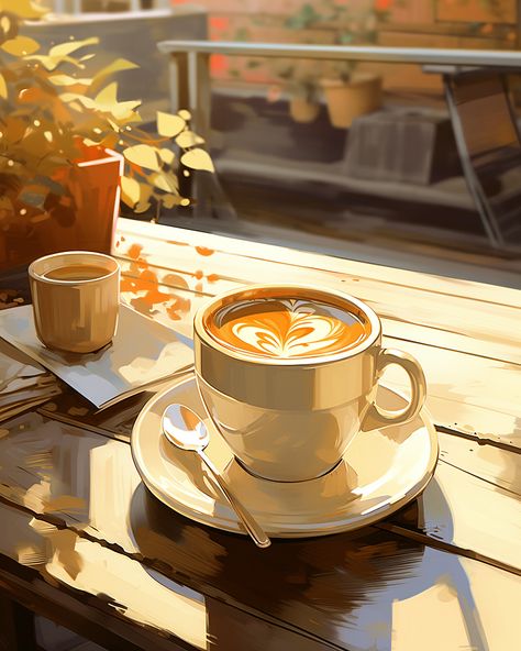 Fancy coffee on a wooden table with plants and chairs in the background of an outdoor cafe Cafe Digital Art, Coffee Table Illustration, Wooden Table Drawing, Café Drawing, Cafe Art Illustration, Coffee Aesthetic Drawing, Cafe Concept Art, Cafe Animation, Coffee Shop Watercolor