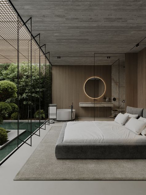 House in Singapore :: Behance Concrete Wall Bedroom, Internal Patio, Lush Landscaping, Art Interior Design, Architecture 3d, Glass Walls, Grey Bedroom, Luxurious Bedroom, Pretty Bedroom