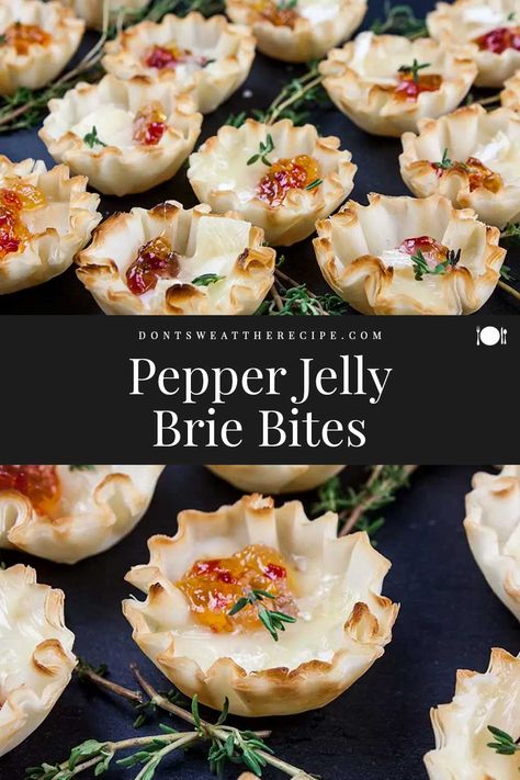 Pepper Jelly Brie, Spicy Pepper Jelly, Phyllo Shells, Happy Eating, Brie Bites, Savory Bites, Pepper Jelly, Brie Cheese, Wontons