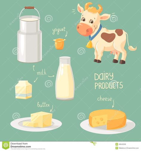 dairy products | Cartoon cow and collection of dairy product icons. 4 H Dairy Poster, 4h Dairy Poster Ideas, Dairy Products Drawing, Dairy Illustration, Dairy Free Cheesecake Recipe, Dairy Farm Wedding, Dairy Free Muffins, Cow Appreciation Day, Dairy Free Chocolate Cake