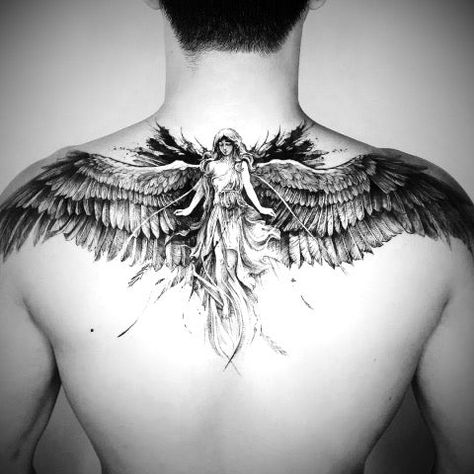 Gay Tattoos, Back Tattoos For Guys Upper, Angel Back Tattoo, Tato Dada, Celestial Elements, Back Piece Tattoo, Back Of Shoulder Tattoo, Cool Chest Tattoos, Back Tattoos For Guys