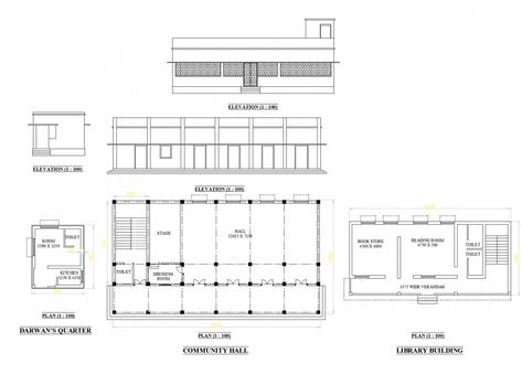 Community hall and elevation plan detail dwg file Community Hall Design Plan, Community Hall Plan, Community Hall Design, Car Park Design, Site Analysis Architecture, Community Hall, Corporate Building, Function Hall, Structural Drawing