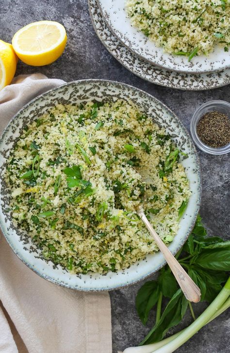 Lemon-Herb Couscous - Domesticate ME Herb Couscous Recipes, Carribean Salad, Herb Couscous, Vegan Couscous, Everyday Dinners, Basil Herb, Mediterranean Meals, Veg Soup, Couscous Recipes