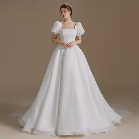 There are discounted prices every day. 100% real photos. Global transportation. Plain White Princess Wedding Dress, Satin Wedding Dress With Puffy Sleeves, White Wedding Dresses Puffy Sleeves, Satin Wedding Dresses With Puffy Sleeves, 80s Wedding Dress Puffy Sleeves, Puff Sleeve Wedding Dress, Bow Wedding Dress, A Line Bridal Gowns, Country Dresses