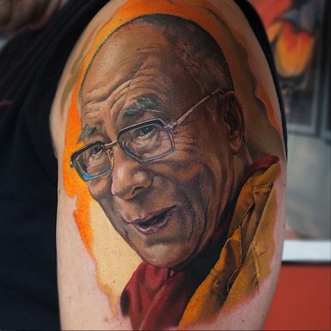 Incredible work went into this tattoo by Valentina "Val Tatboo" Ryabova #InkedMagazine #tattoo #art #inked Lama Tattoo, Rock N Roll Tattoo, Portrait Tattoos, Famous Portraits, Inked Magazine, Tibetan Art, Hot Tattoos, Realism Tattoo, Dalai Lama