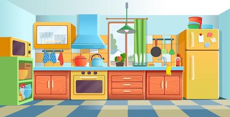 Kitchen Cartoon Background, Kitchen Cartoon, Batman Book, Colored Kitchen, Kitchen Background, House Cartoon, Scene Background, Cartoon House, Kitchen Stove