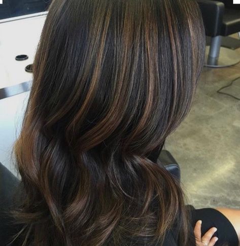 Dark brunette with rooted subtle bayalage highlights Hair With Dark Highlights, Dark Hair With Dark Highlights, Dimensional Brunette Highlights, Subtle Bayalage, Dark Hair With Caramel, Caramel Bayalage, Bayalage Highlights, Dark Highlights, Brown Straight Hair