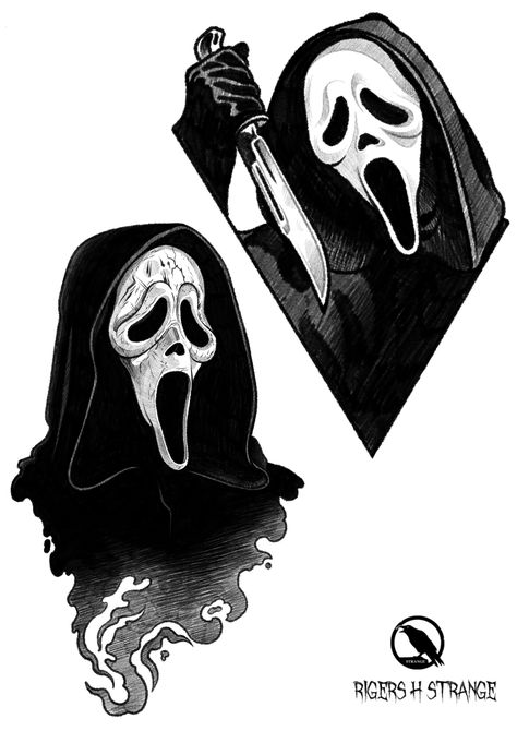 Scream Tattoo Design, Ghost Face Tattoo Design, Scream Tattoo Ghostface, Ghostface Tattoo Design, Ghostface Drawing, Ghostface Tattoo, Halloween Flash, Flash Designs, Alien Artwork