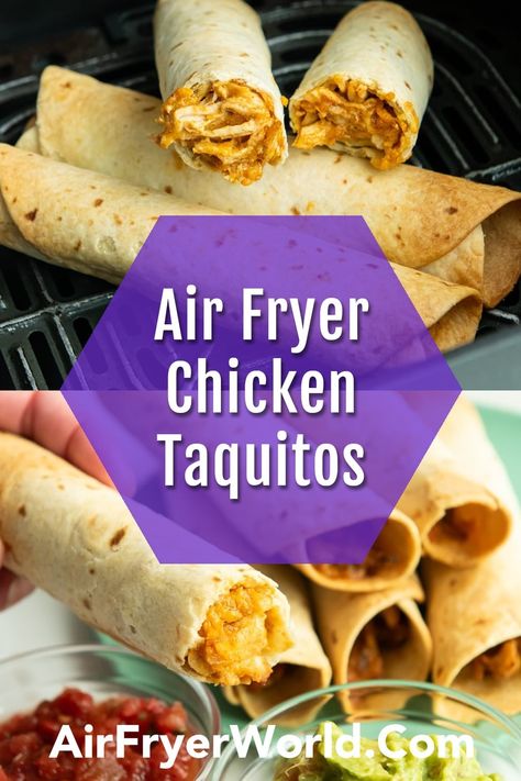 Air Fryer Chicken Flautas or Taquitos - AirFryerWorld.com Air Fryer Chicken Flautas, Air Fryer Flautas, Air Frying Chicken, Flautas Recipe, Frying Chicken, Chicken Flautas, Mexican Food Dishes, Pre Cooked Chicken, Chicken Taquitos