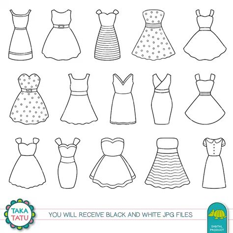 Dress Clipart Black and White Dress Doodles / Fashion - Etsy Dress Drawing Easy, Stamp Dress, Dress Clipart, Art For Walls, Vintage Polka Dot Dress, Walls Art, Circle Drawing, Art Nouveau Art, Nouveau Art