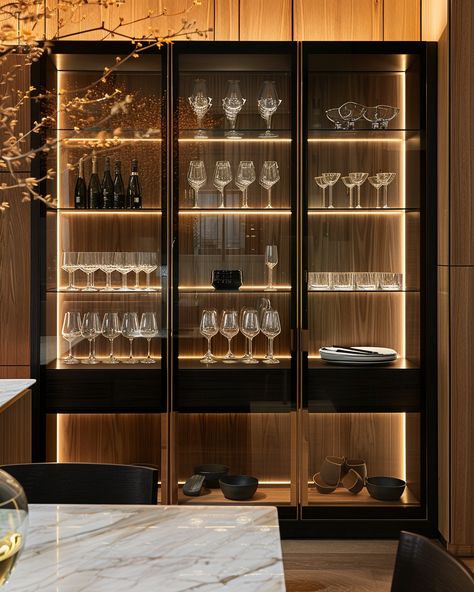 Display Cabinet Wall, Luxury Wine Bar, Bar In Wall, Glassware Cabinet, Wine Display Cabinet Modern, Wine Storage Ideas, Wine Cabinet, Commercial Bar Glassware Storage, Glass Wood Wine Cabinet