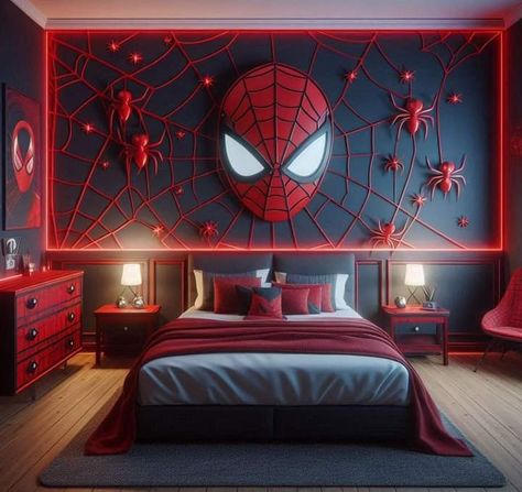 Spiderman Room Aesthetic, Spider Man Bedroom Ideas, Spiderman Bedroom, Man Bedroom, Spiderman Room, Marvel Room, Superhero Room, Kids Bedroom Inspiration, Bedroom False Ceiling Design