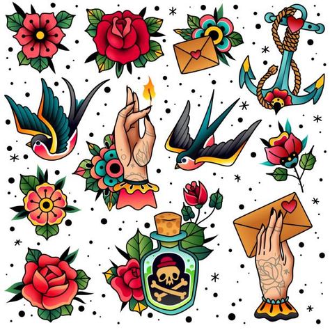 Old School Traditional, Americana Tattoo, Traditional Tattoo Old School, Traditional Tattoo Flowers, Art Flash, Traditional Style Tattoo, Retro Tattoos, Traditional Flash, Flash Tattoo Designs