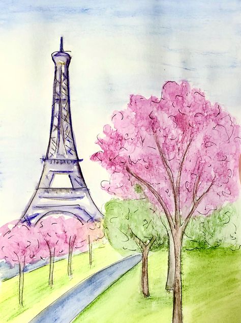 Paris Drawing Sketches Easy, Watercolor Paris Easy, Paris Watercolor Painting Easy, Paris Painting Easy, Pink Paris Art, Paris Watercolor Painting, Watercolor With Pen, Watercolor And Ink Art, Watercolor Paris