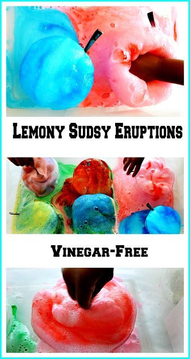 Vinegar-free science fun. A great science, messy experiment for kids. The foam is so cold to touch! Great sensory play and the end of the play you will have a homemade cleaning agent Foam Science Experiment, Endothermic Reaction, Foam Recipe, Clear Soap, Experiment For Kids, Baking Soda And Lemon, Sensory Art, Kid Experiments, Homemade Cleaning