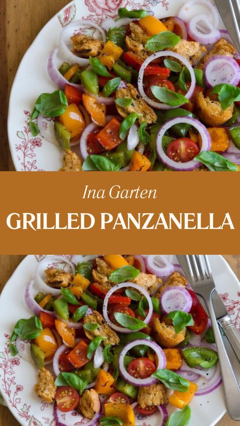 Ina Garten Grilled Panzanella Panzanella Salad Recipe, Panzanella Recipe, Grilled Peppers, Panzanella Salad, Red Onion Relish, Grilled Bread, Onion Relish, Homemade Dressing, Pickled Red Onions