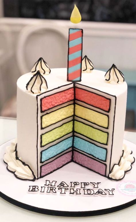 31. White Cake with Layered of Rainbow Have a birthday party coming up? A birthday party won’t be complete without a birthday cake.  Everyone... Rainbow Comic Cake, Comic Book Style Cake, Cartoon Style Birthday Cake, Cartoon Style Cake, Comics Cake Ideas, Cake Bonbon, Cakes Cartoon, Sprinkle Drip Cake, 2d Cake