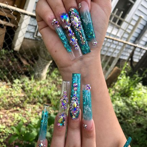 Xxl Nail Designs, Teal Acrylic Nails, Nails Women, Nail Designs Bling, Diamond Nail Designs, Grey Acrylic Nails, Bling Nail Art, Secret Nails, Blue Glitter Nails