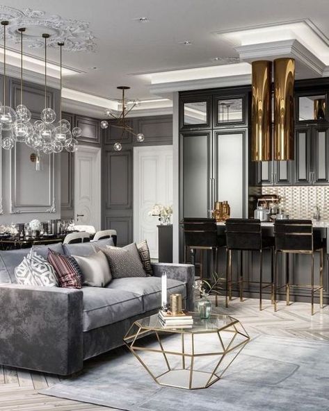 10 Monochromatic Color Schemes For Your First Place Restoration Hardware Style Living Room, Monochromatic Living Room, Modern Grey Living Room, White Living Room Decor, Gold Living, Luxury Living Room Decor, Living Room Decor Gray, Gold Living Room, Glam Living Room