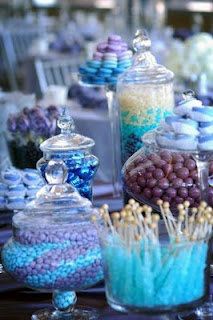 light turquoise and purple wedding | Blue and Purple Candy Buffet Wedding Blue Cake, Purple Candy Bar, Purple Candy Buffet, Blue Candy Buffet, Candy Buffet Bar, Yellow Weddings, Galaxy Birthday, Candy Bar Wedding, Log Cake